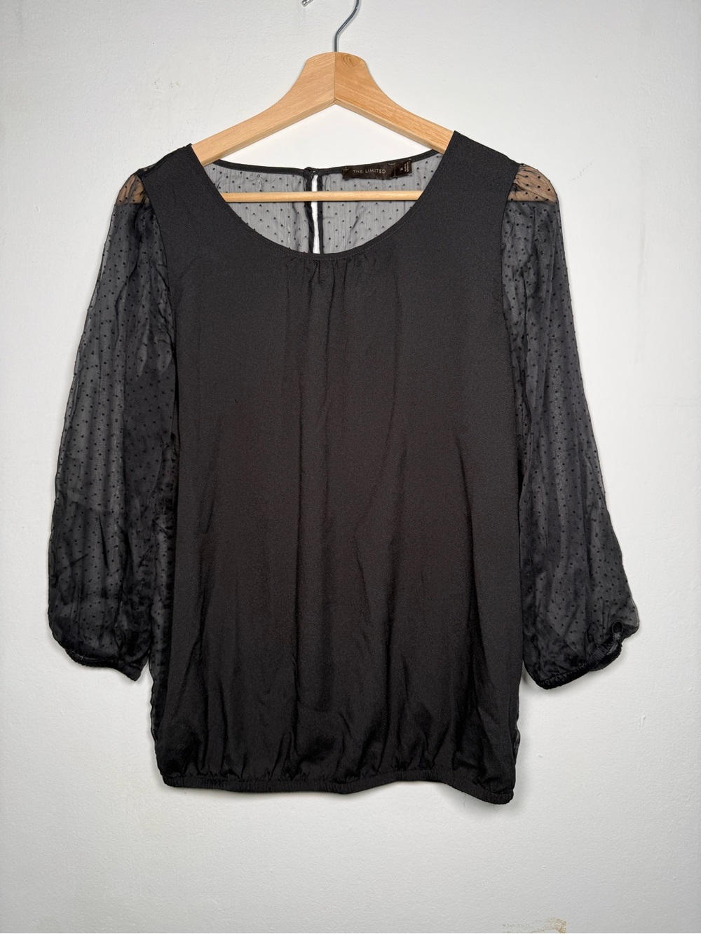 The Limited Black Dot-Textured Sheer Sleeve Blouse
